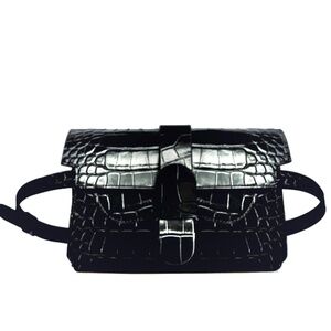 SENREVE Aria Black Leather Croc-Embossed Belt Bag New With Tags